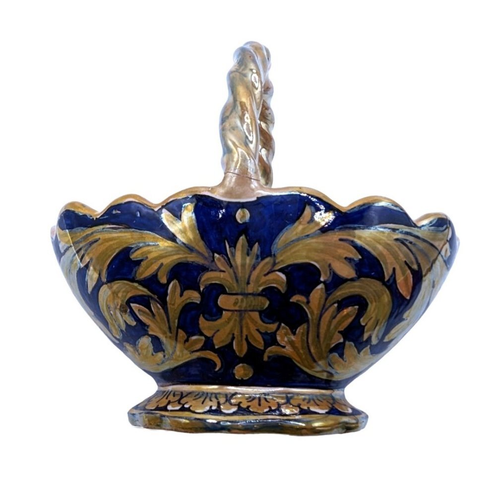 Robbia Gualdo Tadino Italian Pottery Cobalt Lustre Gold Gild Bowl Basket Handle